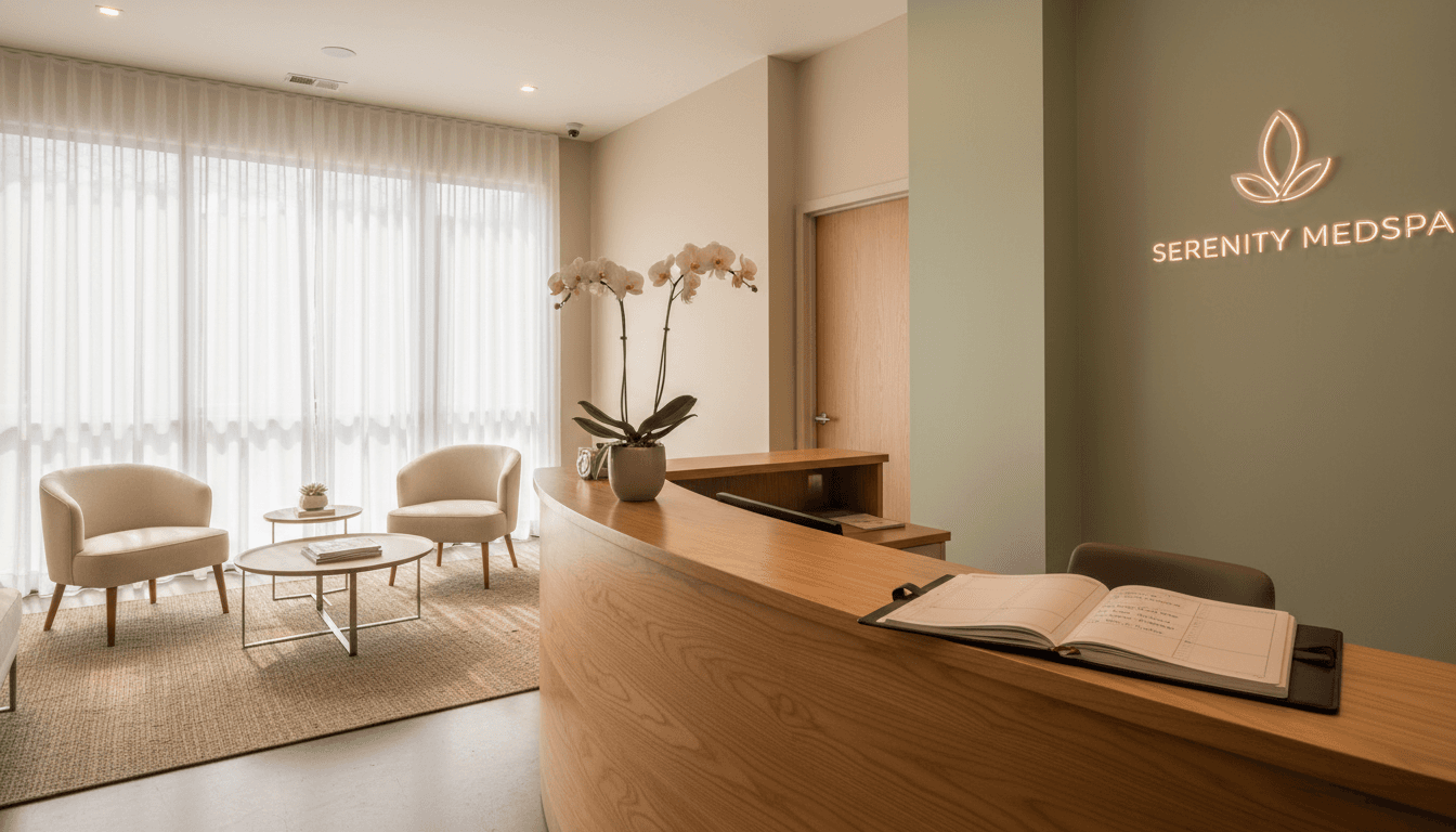 A medium-wide shot of a peaceful MedSpa reception area with soft, warm lighting, a curved wooden desk, and a single fresh orchid on the counter.