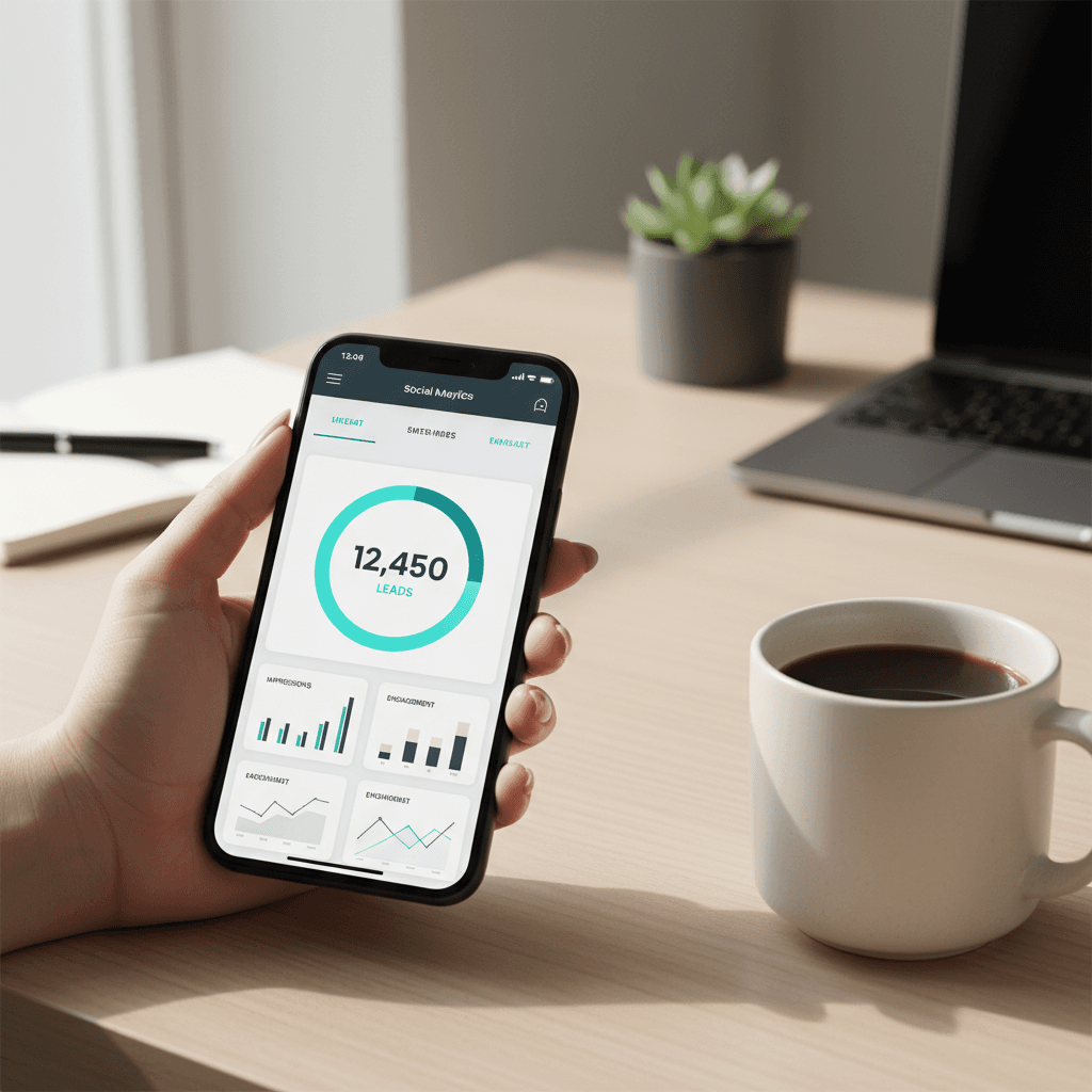 Smartphone showing social media analytics with lead metrics visible